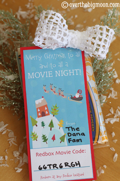 Movie night gift with redbox code and popcorn
