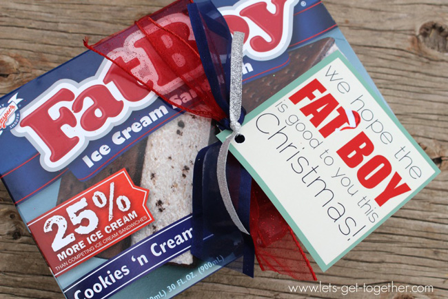 Package of Fat Boy ice cream sandwiches with Christmas gift tag