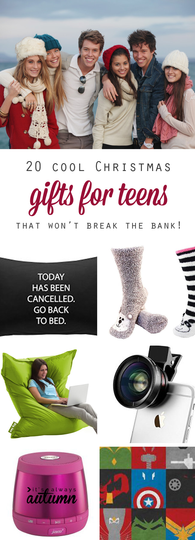 Collage of gifts for teens that won\'t break the bank