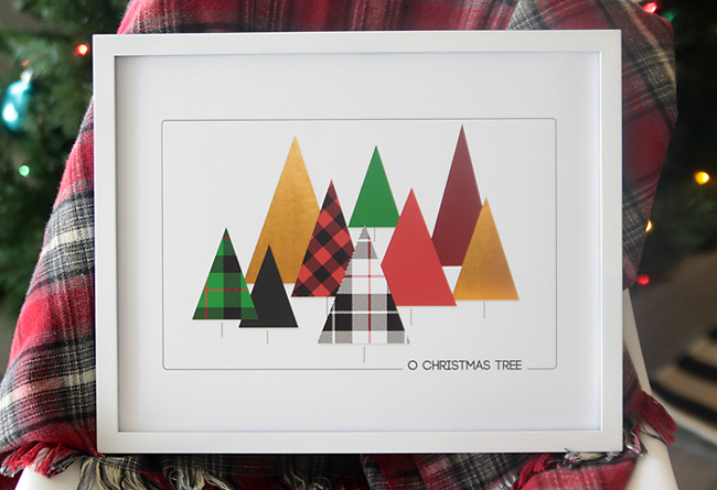 Christmas art print with triangle shaped Christmas trees in different patterns and prints