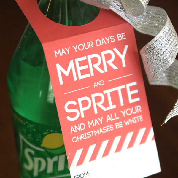 Sprite neighbor gift with tag that says May your days be merry and sprite
