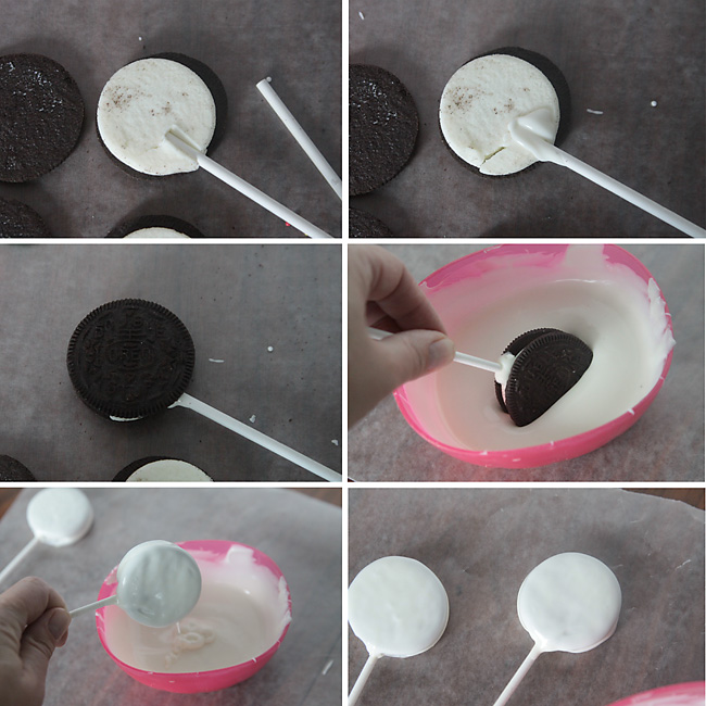 Dipping Oreo pops into white candy melts