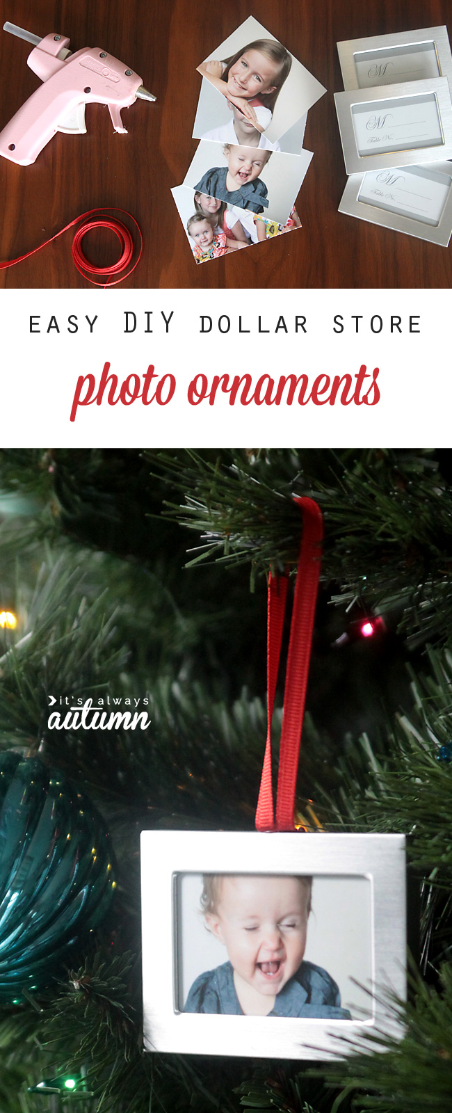DIY photo ornaments hanging on a Christmas tree