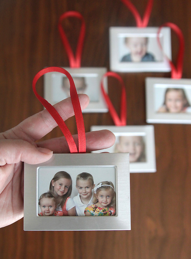 Christmas ornaments made from small photos frames