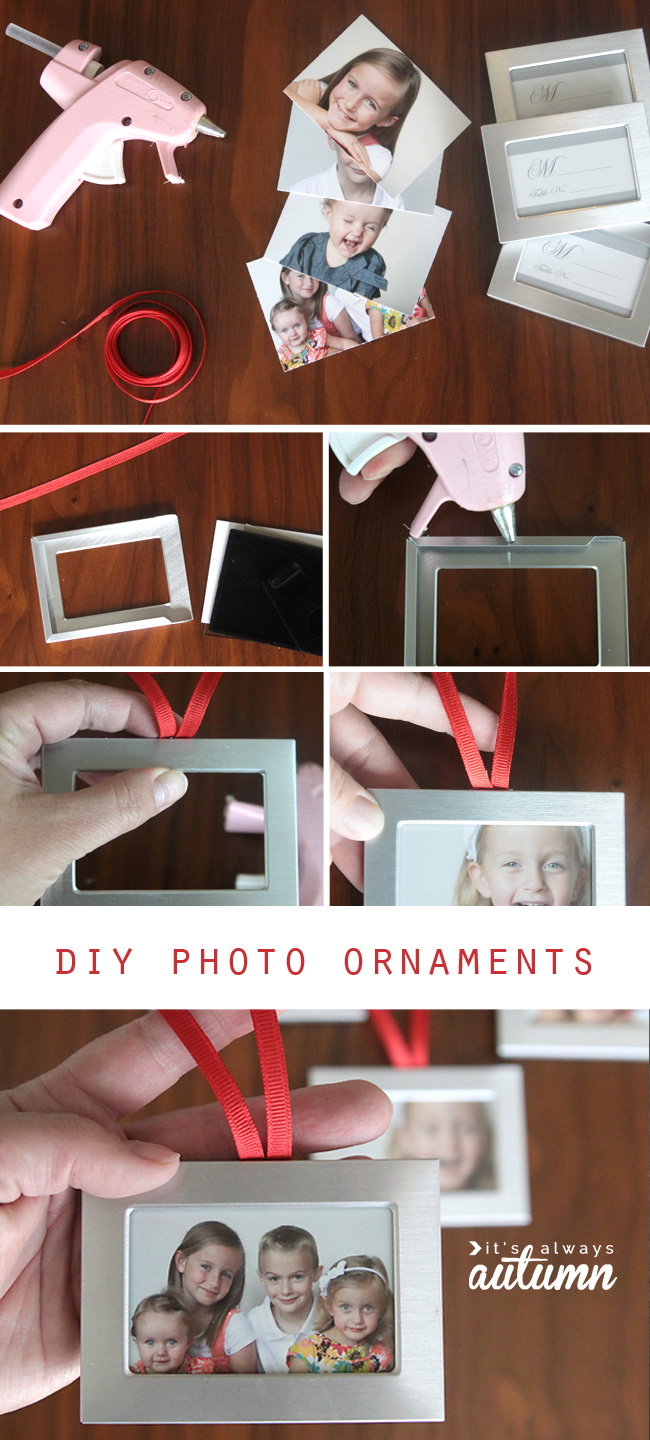 Gluing red ribbon loop to top of mini photo frame to hang on a Christmas tree