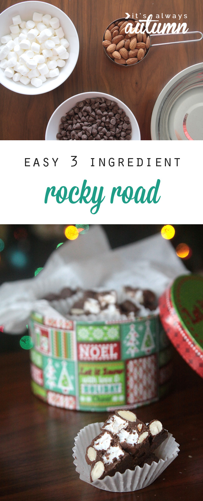 Marshmallows, almonds and chocolate; homemade rocky road candy in a Christmas candy tin
