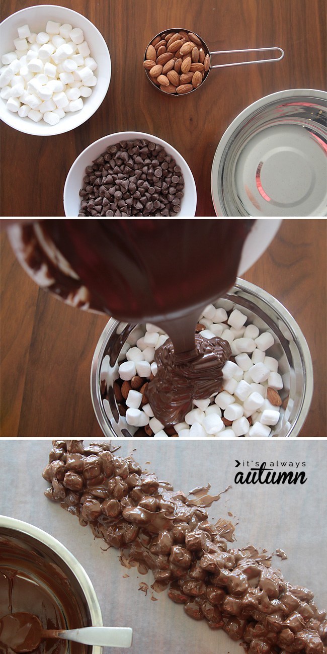 Marshmallows, almonds and chocolate; melted chocolate being poured over marshmallows and almonds; mixed candy shaped in a log on wax paper