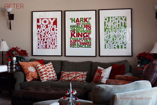 Large typographical Christmas prints in red and green, in black frames