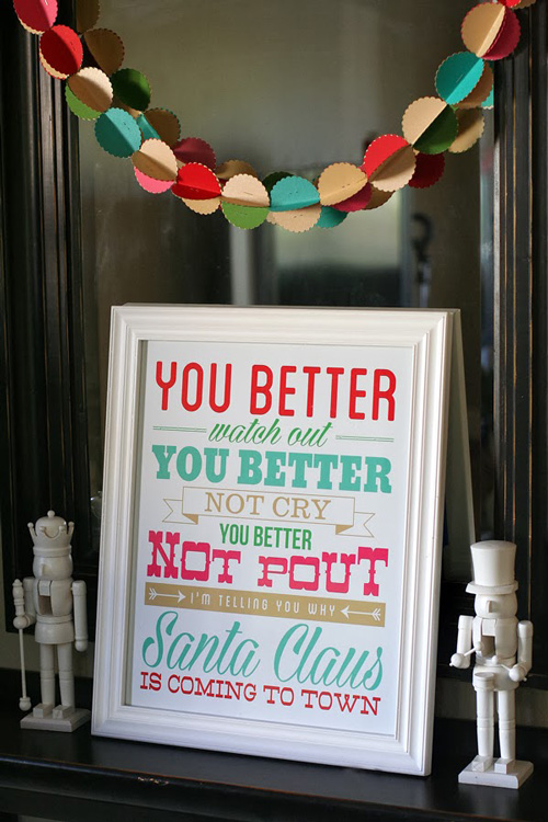 Santa Claus is coming to town lyrics printable in a white frame