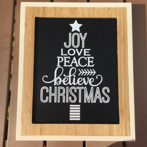 Joy, love, peace, believe, Christmas - words in the shape of a Christmas tree sign