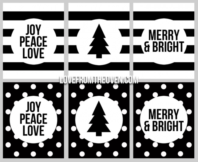 six black and white graphic Christmas prints