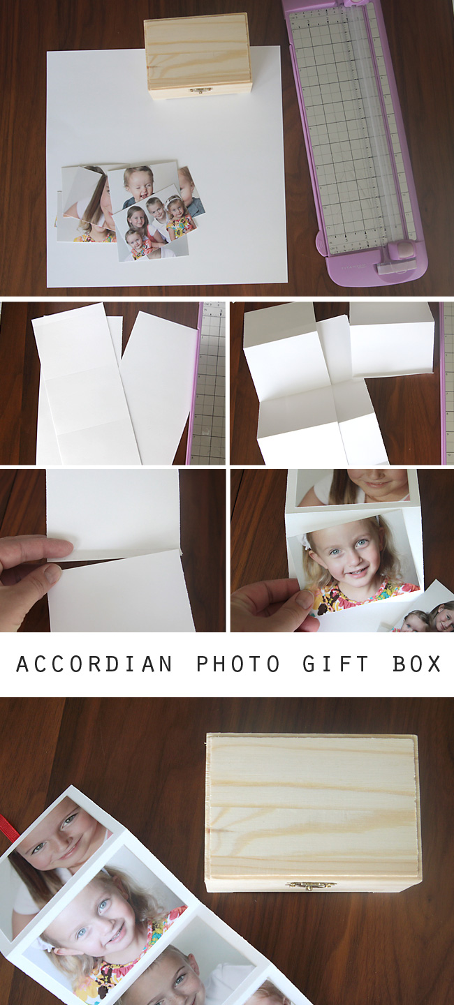Cutting strips of paper, folding accordian style, adhering strips together, adhering photos onto paper