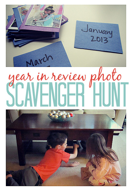 Year in Review photo scavenger hunt and kids looking for clues