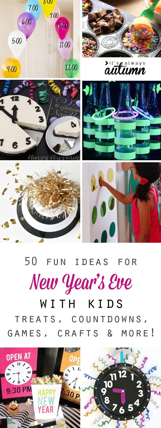 Collage photo of fun things to do with kids on New Year\'s Eve