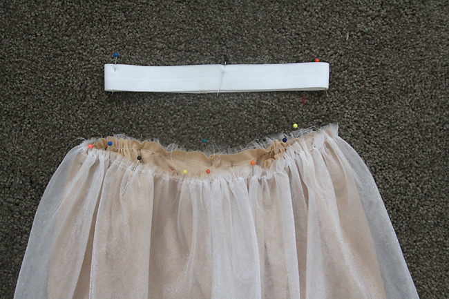Skirt is gathered at the waist to be about as wide as the elastic