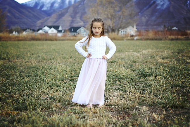 A little girl standing in a field wearing a long tulle skirt