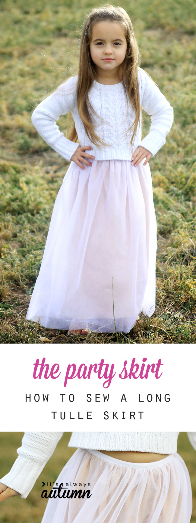 A little girl that is standing in the grass wearing a long tulle skirt