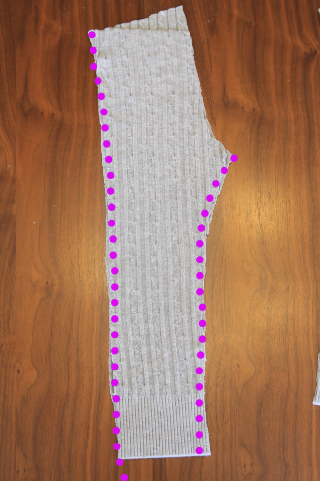 Sweater pattern pieces with inner and outer seams marked