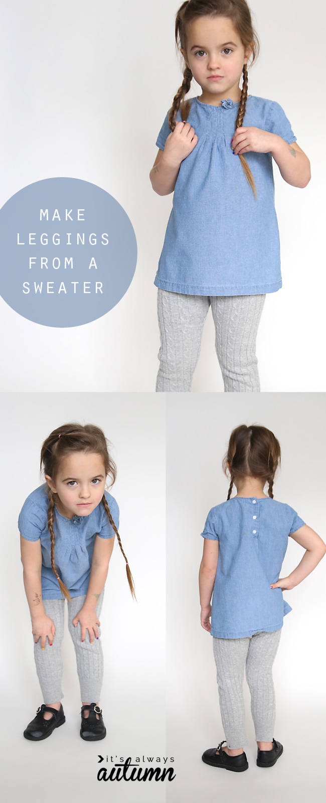 A little girl wearing grey leggings made from a sweater