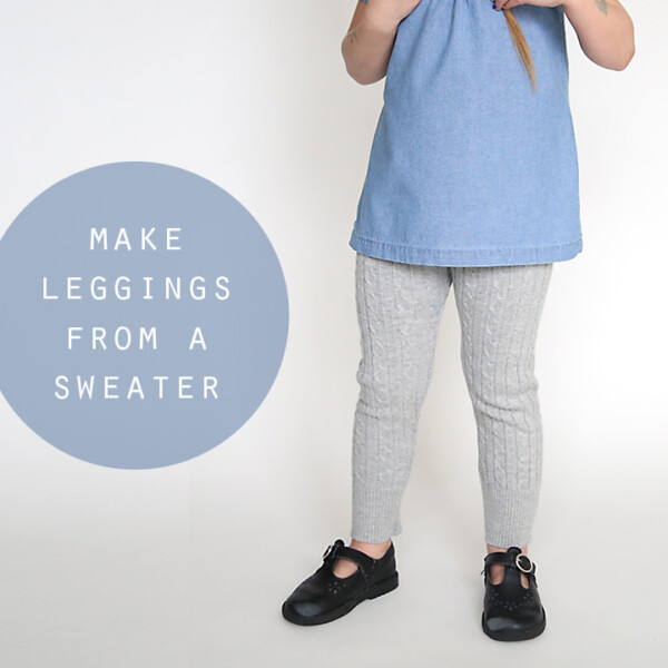 A girl wearing a blue chambray shirt and grey sweater leggings