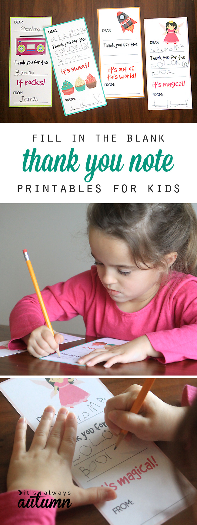 fill in the blank thank you cards for kids; girl working on a thank you card