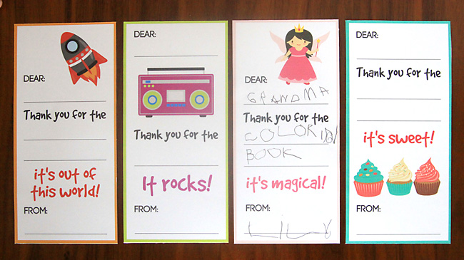 Thank you notes that have been printed and filled in by kids