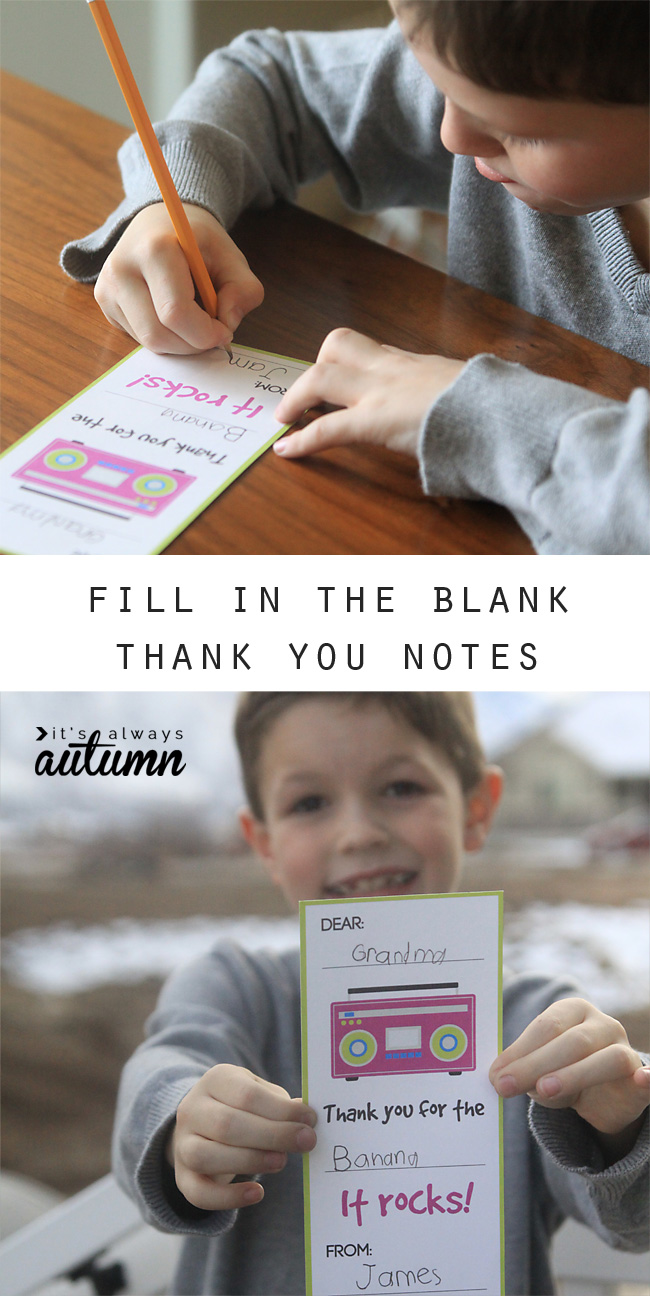 Little boy with fill in the blank thank you note