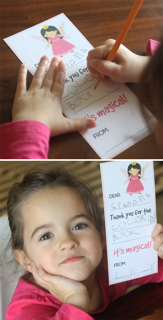 Little girl with fill in the blank thank you note that has a fairy on it