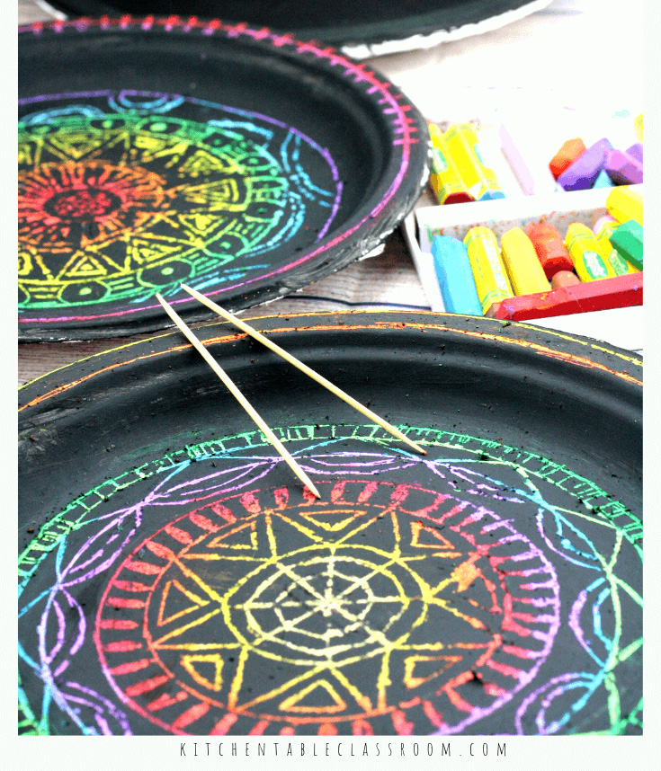 Paper plate scratch art mandalas