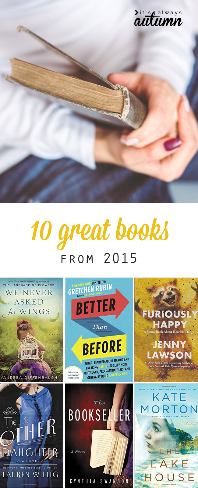 closeup of hands holding a book; collage of book covers