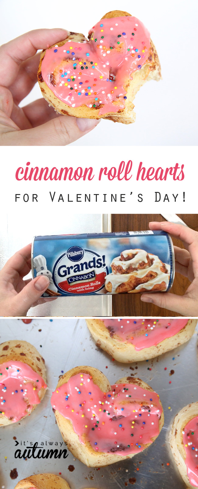 Cinnamon rolls in the shape of a heart with pink frosting and sprinkles; roll of Grands! cinnamon rolls