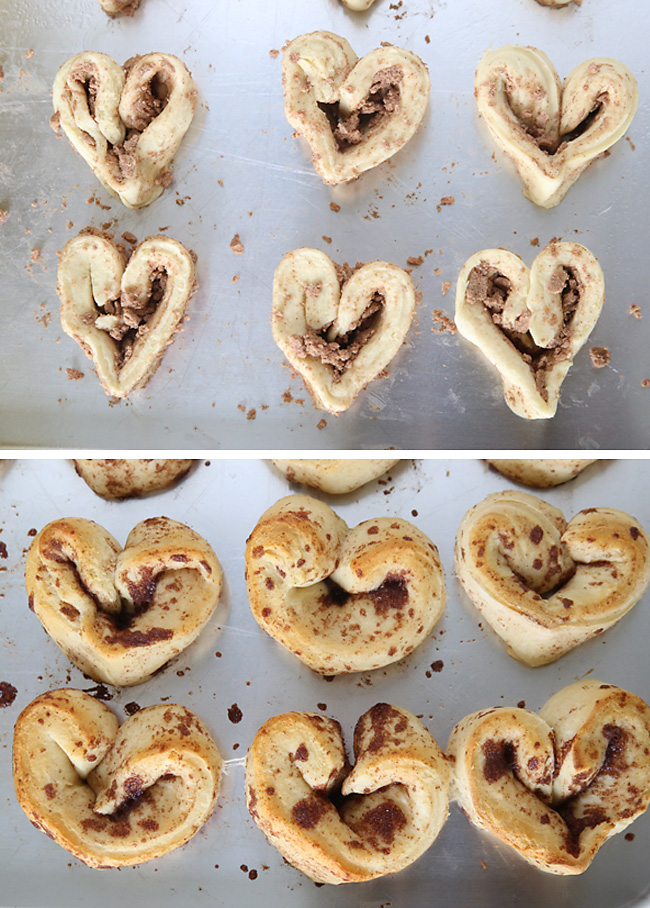 Cinnamon roll dough shaped into heart shape on a cookie sheet; baked heart cinnamon rolls