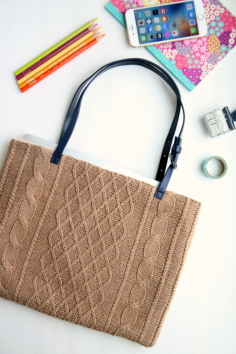 Upcycled sweater laptop tote with office supplies