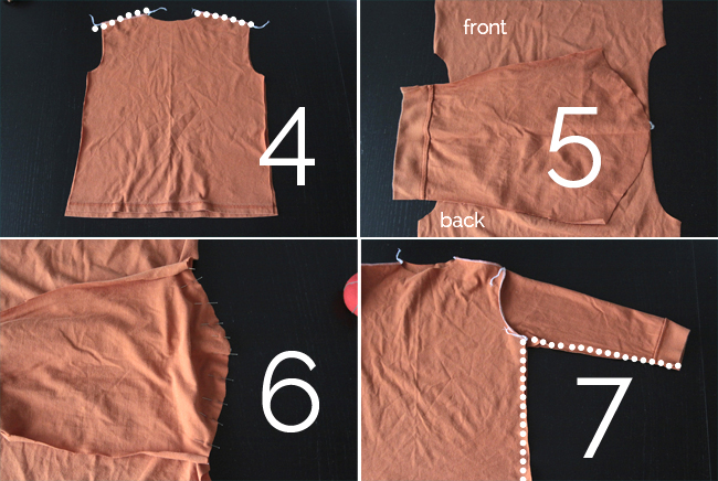 Steps for assembled kids pajama top: sew shoulder seams, insert sleeves, sew underarm and sleeve seams