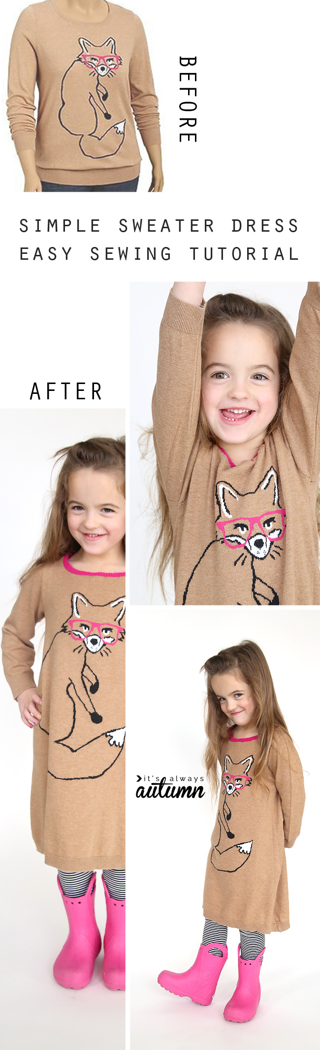 Before photo is a women\'s sweater, after photo is little girl posing with a dress made from that sweater