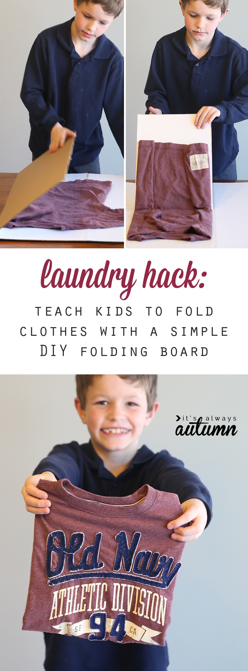 Boy using laundry hack folding board to fold his own clothes