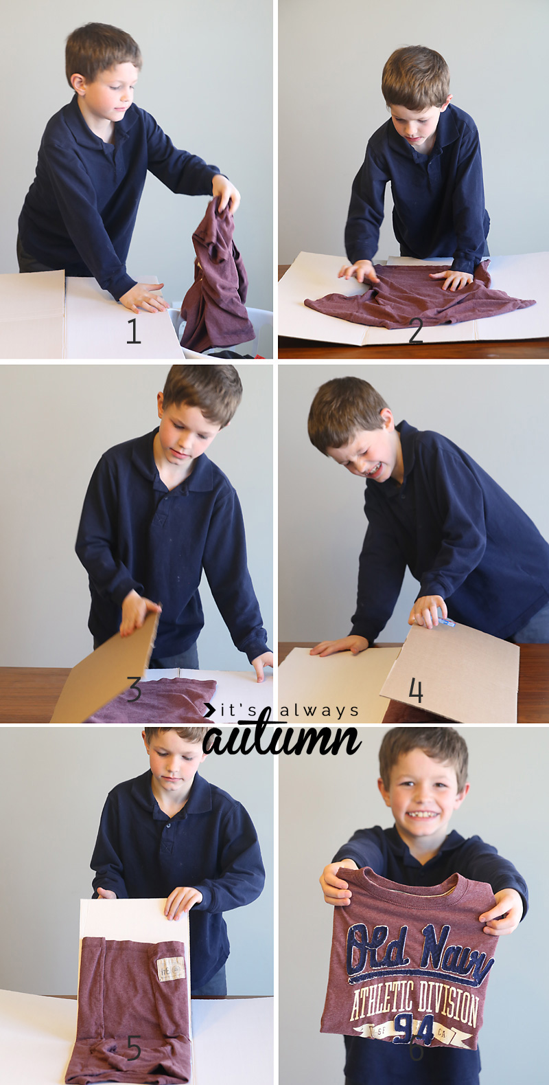Young boy using laundry folding board to tidily fold his own clothes