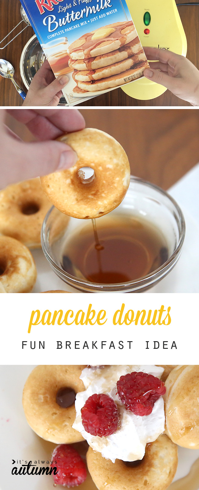 Pancake mix and donut maker; pancake donuts with syrup
