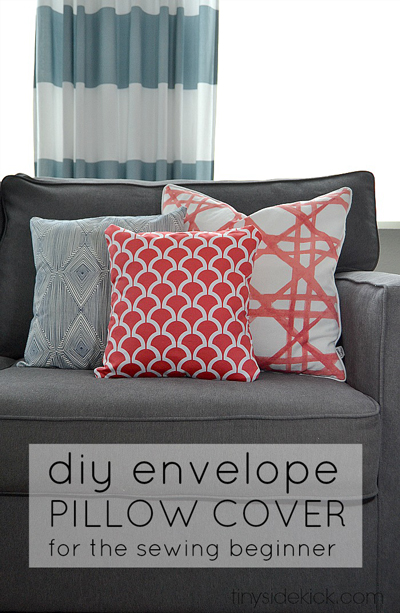 DIY envelope pillow covers on pillows on a sofa