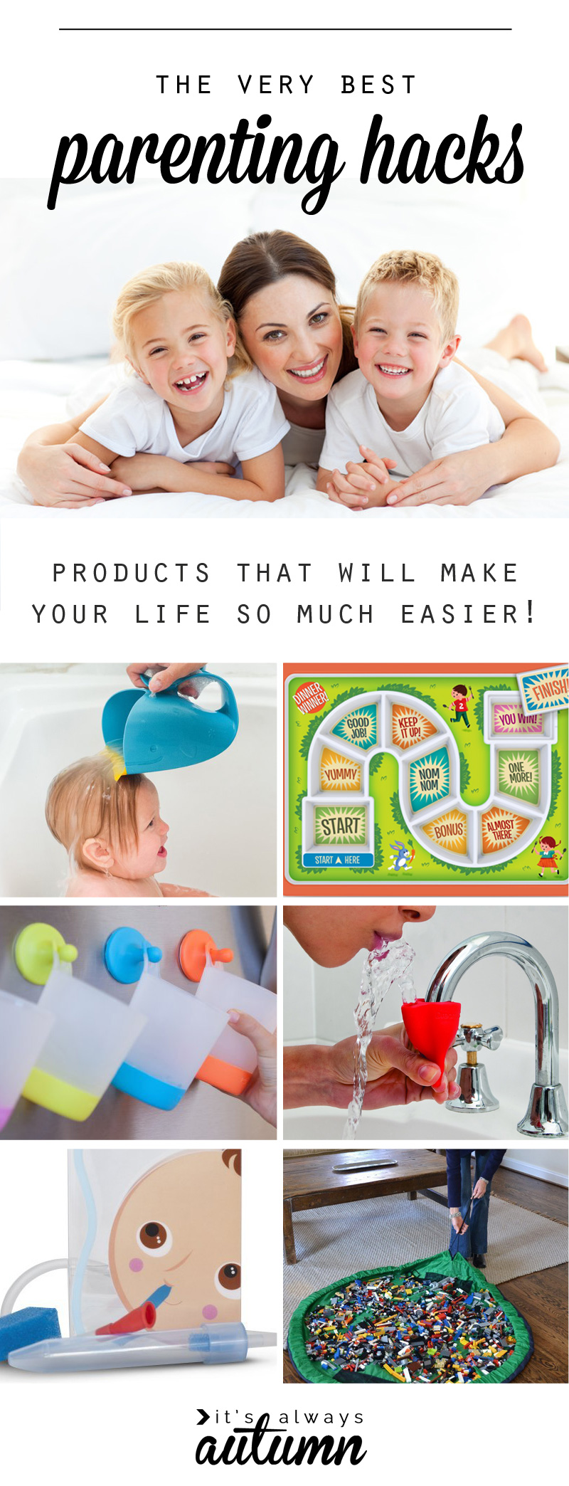 Mom and little kids; collage of products to make life with kids easier