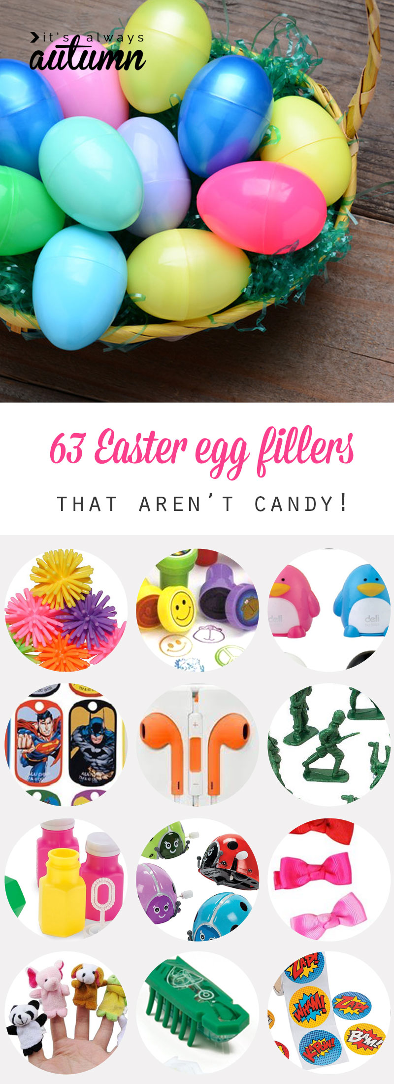 basket of Easter eggs; various small toys that will fit inside Easter eggs instead of candy