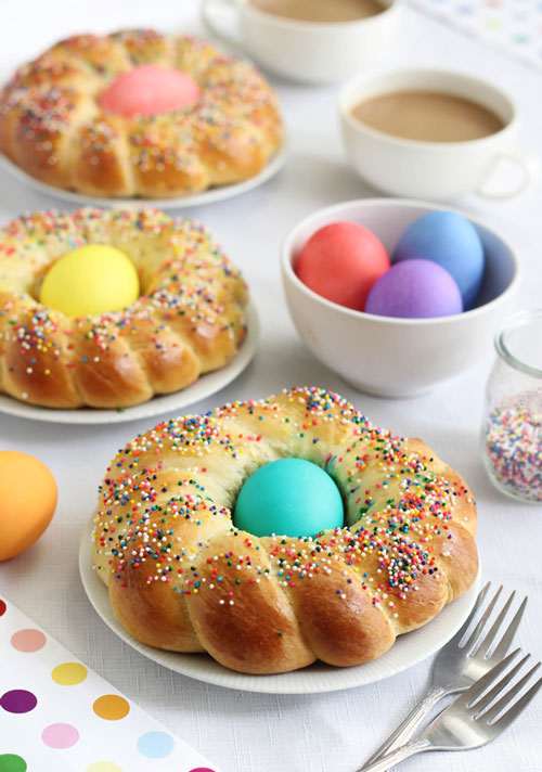 Small rings of bread with colored egg in the middle