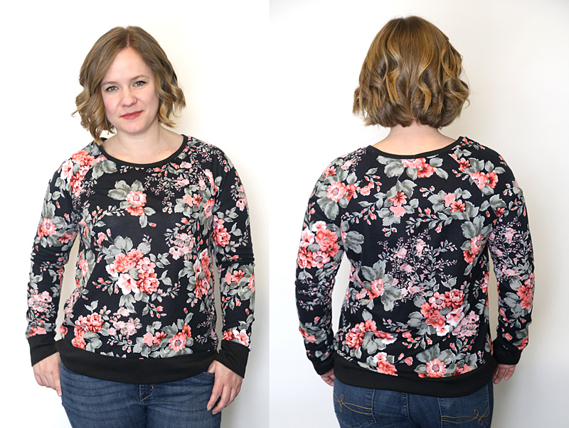 a woman wearing a floral sweatshirt made from a sewing pattern