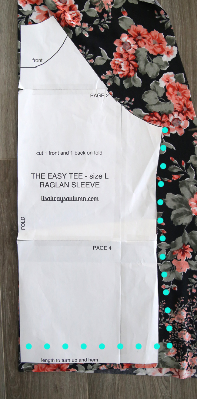 The easy tee sewing pattern on floral fabric