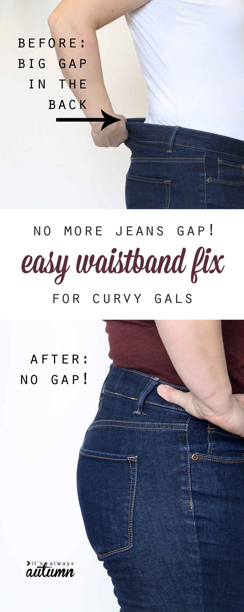 A person showing how jeans gap in the back, then showing how the gap is fixed