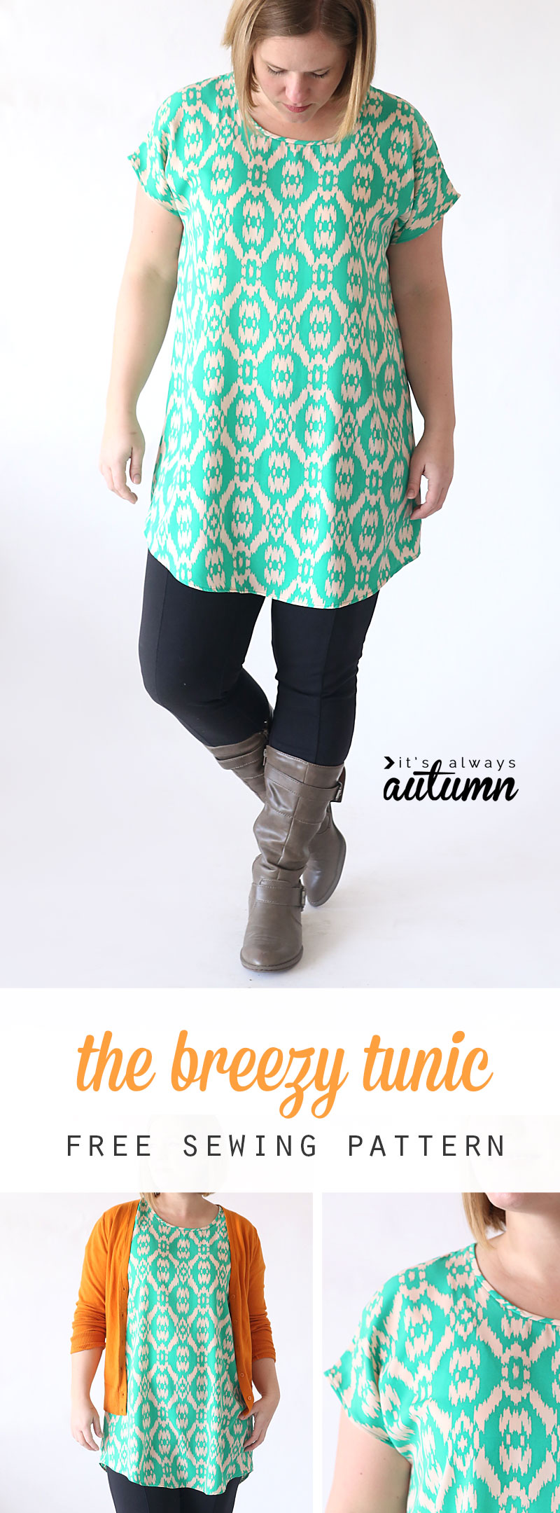 This easy to sew tunic pattern only has two pieces and is free in women's size L! Quick, easy sewing tutorial, perfect for spring. 