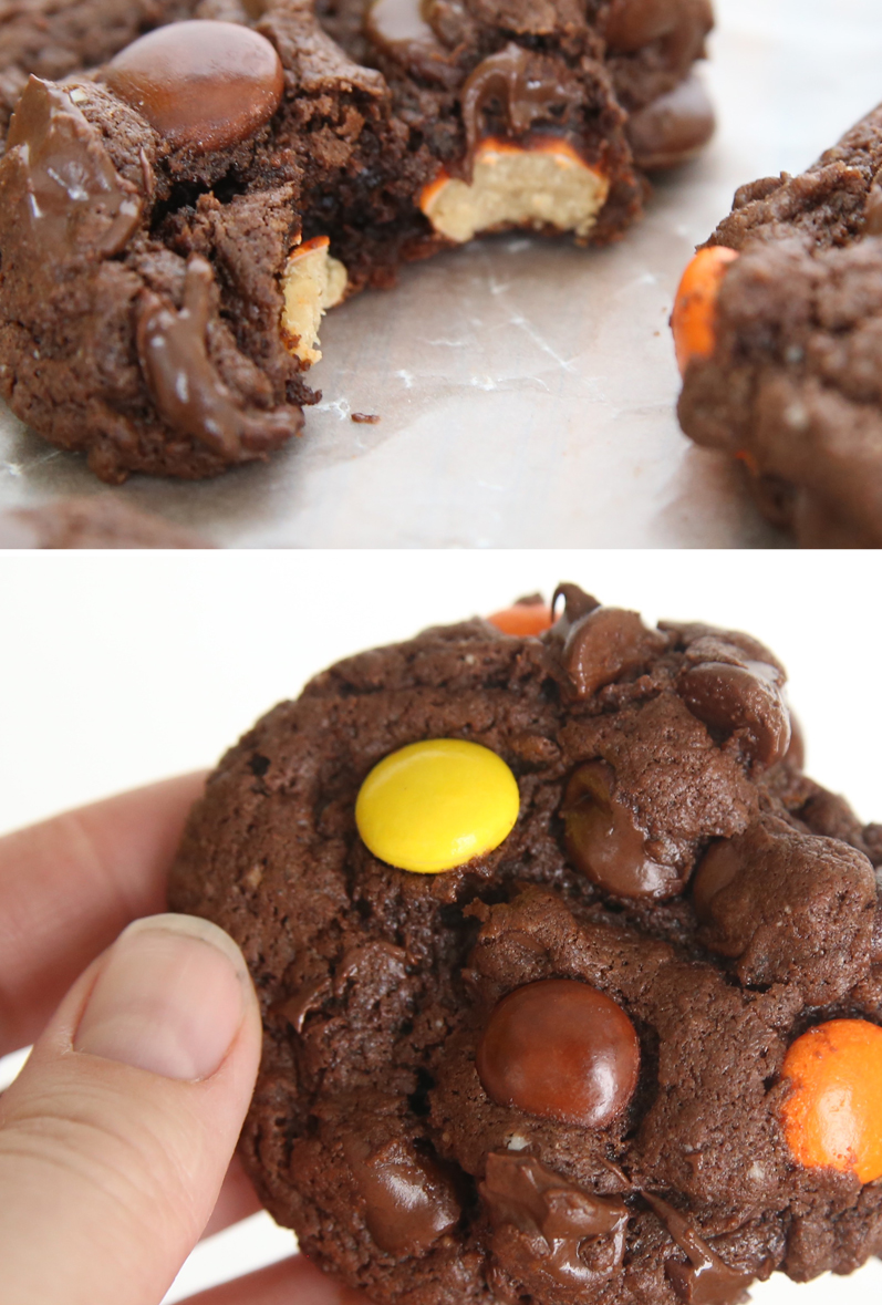 Double chocolate cake mix cookies with Reese\'s pieces in them