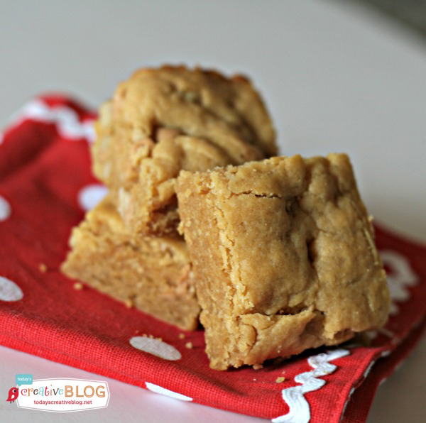 peanut butter brownies on a red napkin