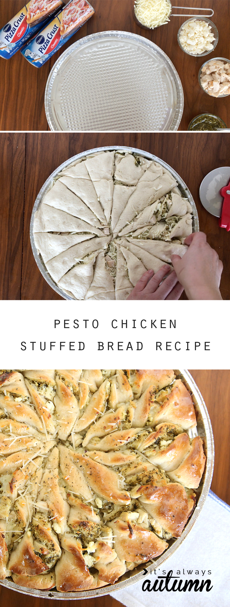 Pesto and chicken inside two layers of bread dough; twisted and baked