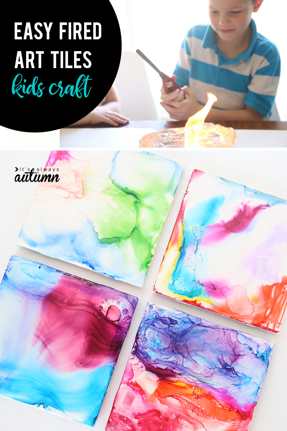 Kids can make these fired art tiles with just pens and alcohol! Such a fun and easy kid craft.